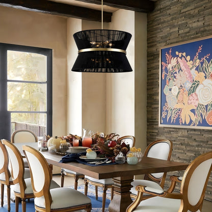 Lustre tambour bohème moderne à 8 lumières, grand format, 61 cm, en tissu tissé à la main, couleur or/noir, pour salle à manger/salon