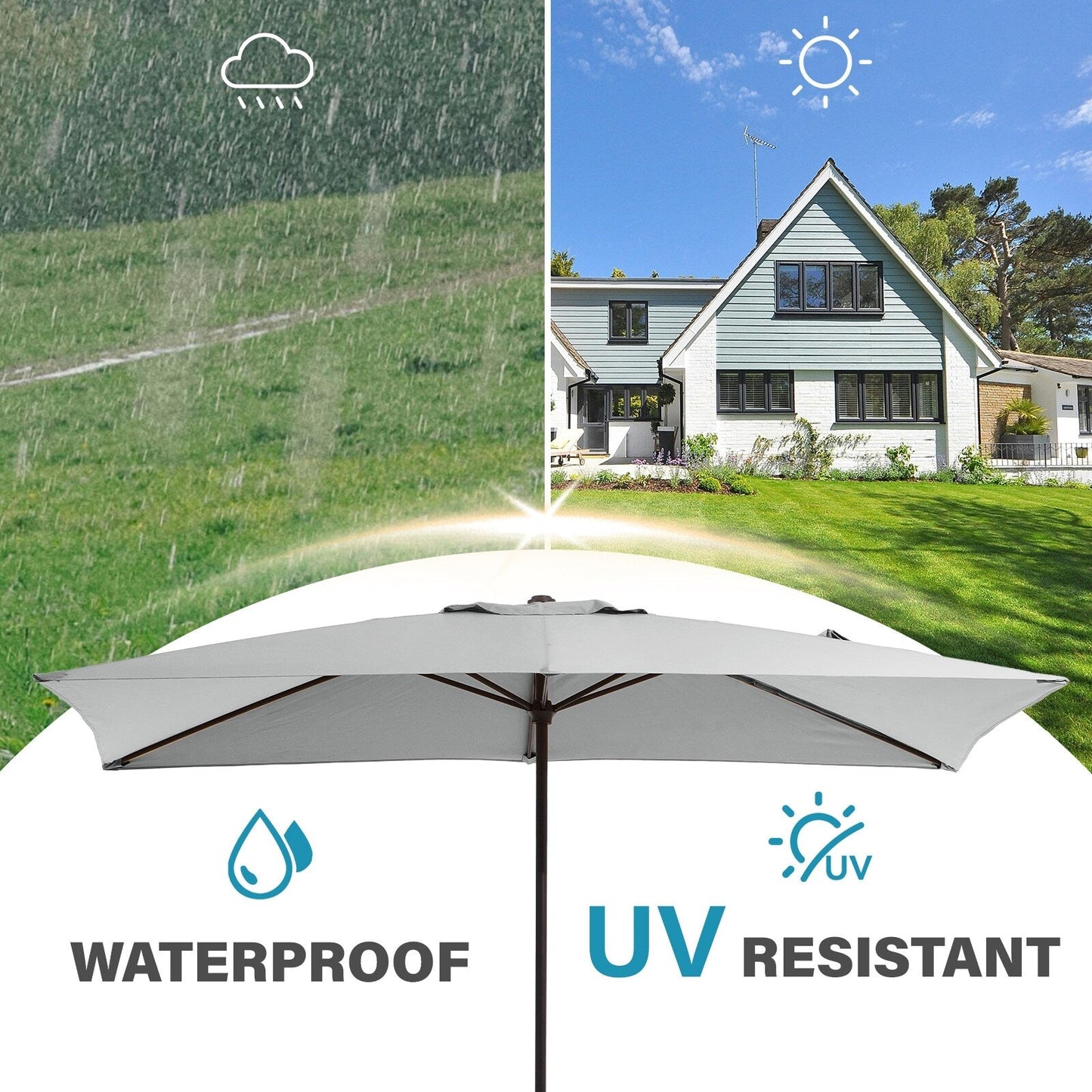 8*10ft Rectangular Patio Market Umbrella with Crank & Tilt，UV-Resistant