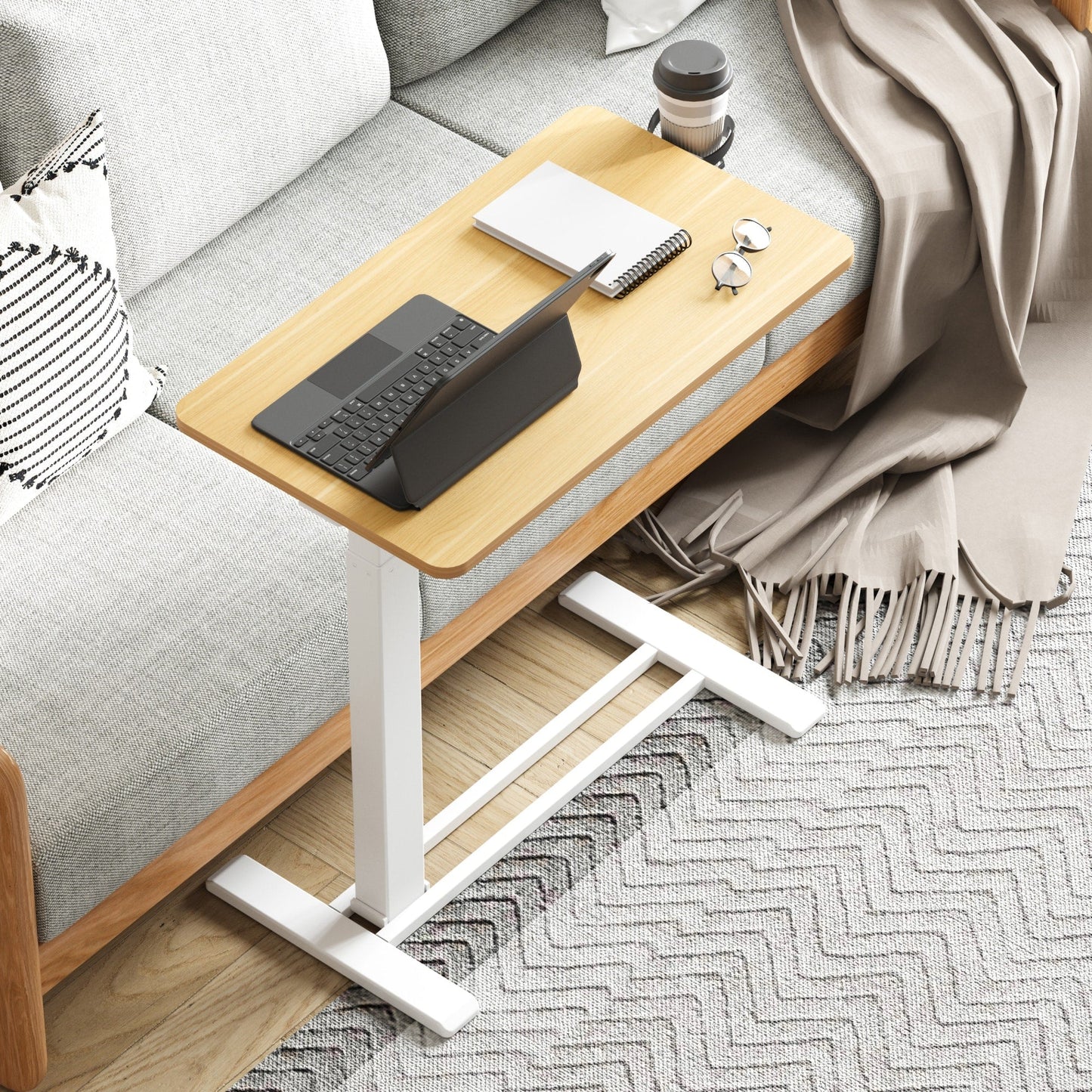 FunniHomi 28/32 Movable Overbed Table Height Adjustable Computer Desk with Wheels, White/Black Laptop Table for Bed and Sofa