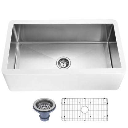 Évier de cuisine simple ANZZI Apollo blanc mat en surface solide de style ferme, 36 po, avec intérieur en acier inoxydable
