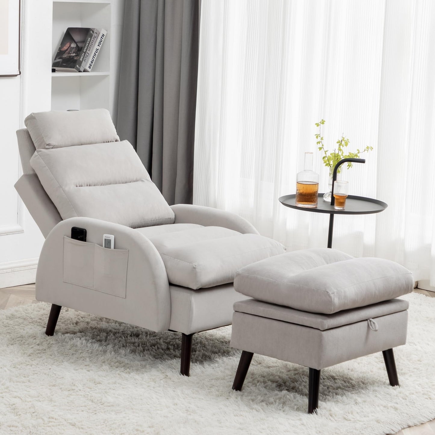Fauteuil d'appoint HOMYKA avec dossier réglable et pouf de rangement
