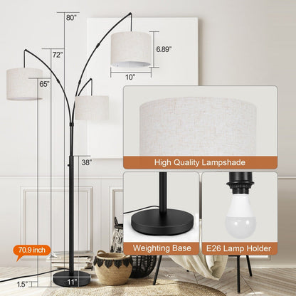 Lampadaire LED Arc à intensité variable, moderne, noir, 3 lampes, haut et arqué