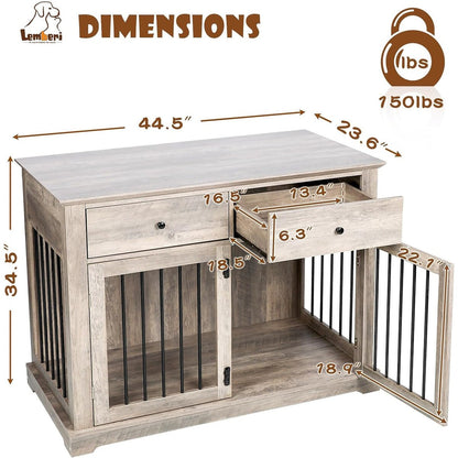 Cage pour chien Bossin de 111 cm de large, table d'appoint en bois avec tiroirs de rangement, niche décorative pour animaux de compagnie.