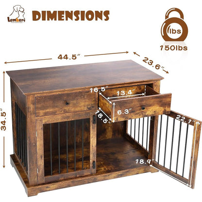 Cage pour chien Bossin de 111 cm de large, table d'appoint en bois avec tiroirs de rangement, niche décorative pour animaux de compagnie.
