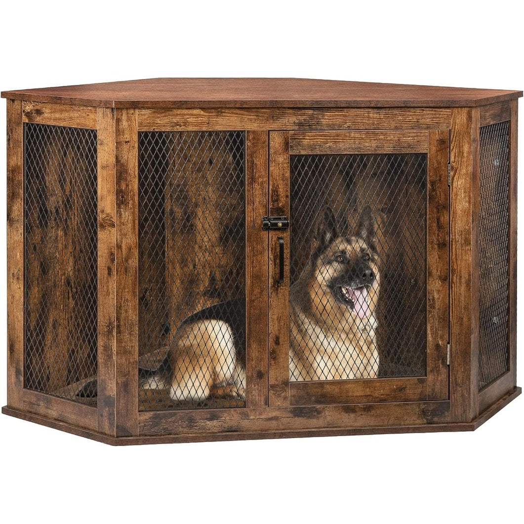 Niche d'angle pour chien Bossin, niche en bois de 44/52 pouces avec filet, niche décorative en bois pour chien, idéale pour l'intérieur