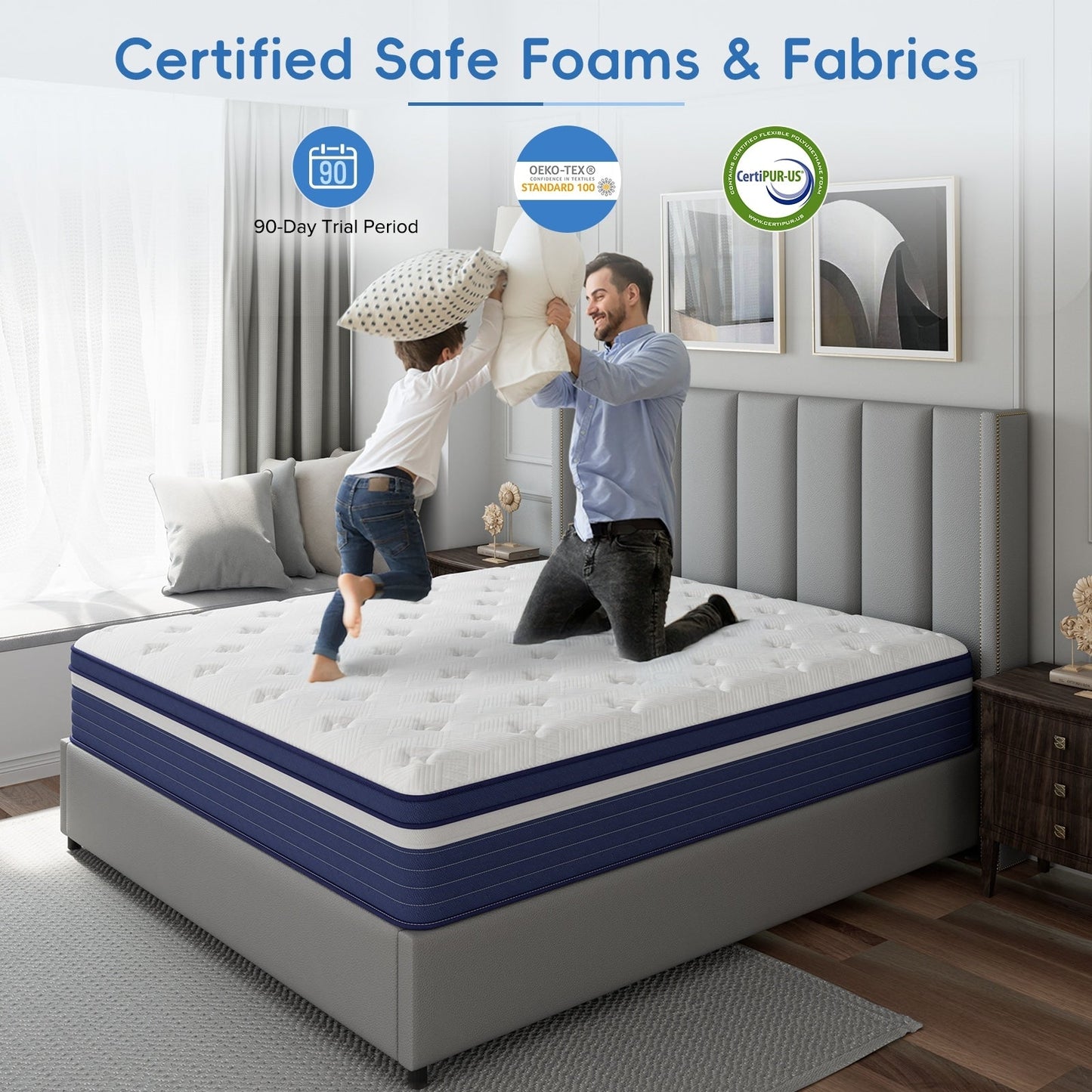Matelas hybride à ressorts SweDrea de 25 cm, ferme et rafraîchissant, certifié CertiPUR-US, SGS et OEKO-TEX.