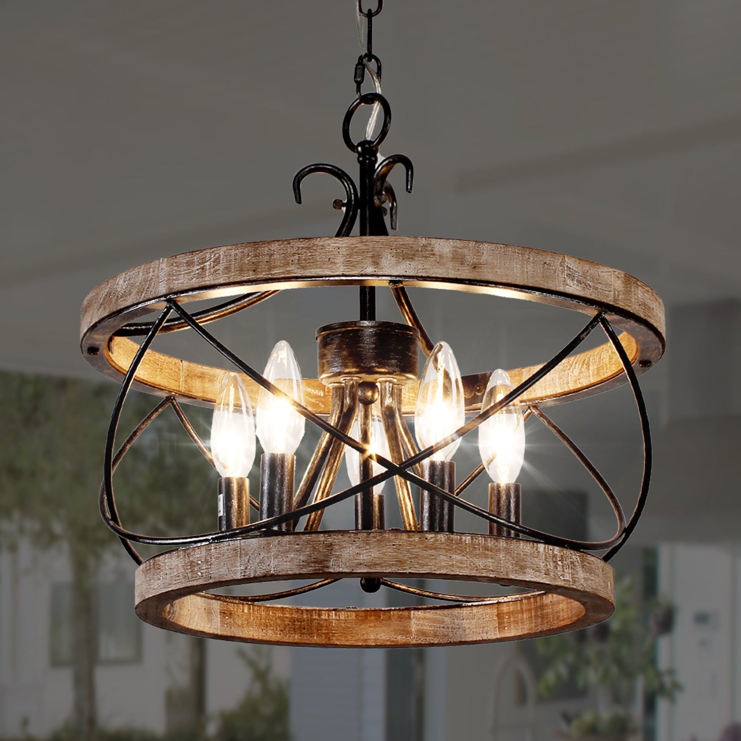 Lustre cage rustique en bois Bella Depot à 5 lumières, éclairage à intensité variable, suspension réglable de 15,7 pouces pour îlot de cuisine
