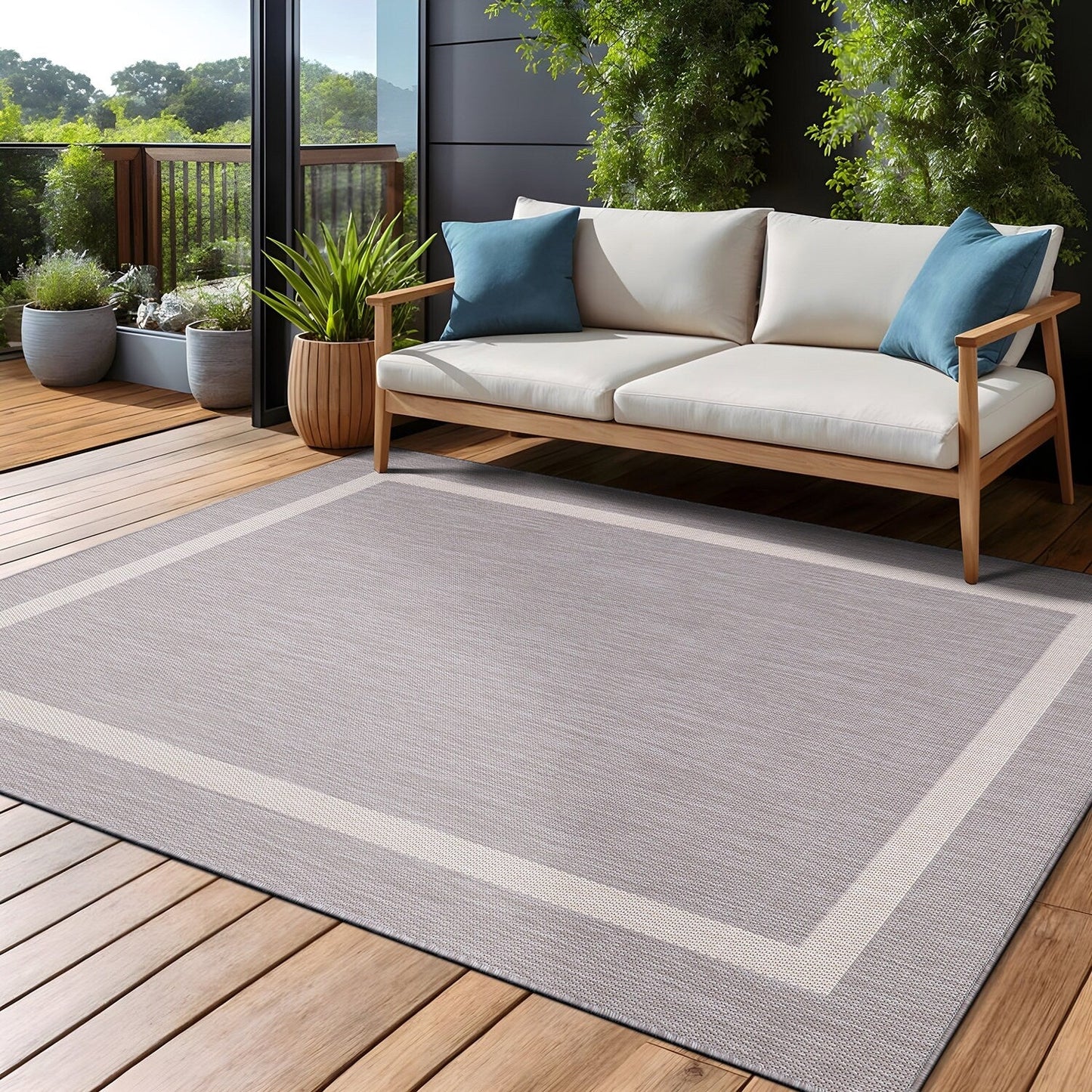 Beverly Rug Modern Bordered Indoor Outdoor Rug, Outside Carpet for Patio, Deck, Porch
