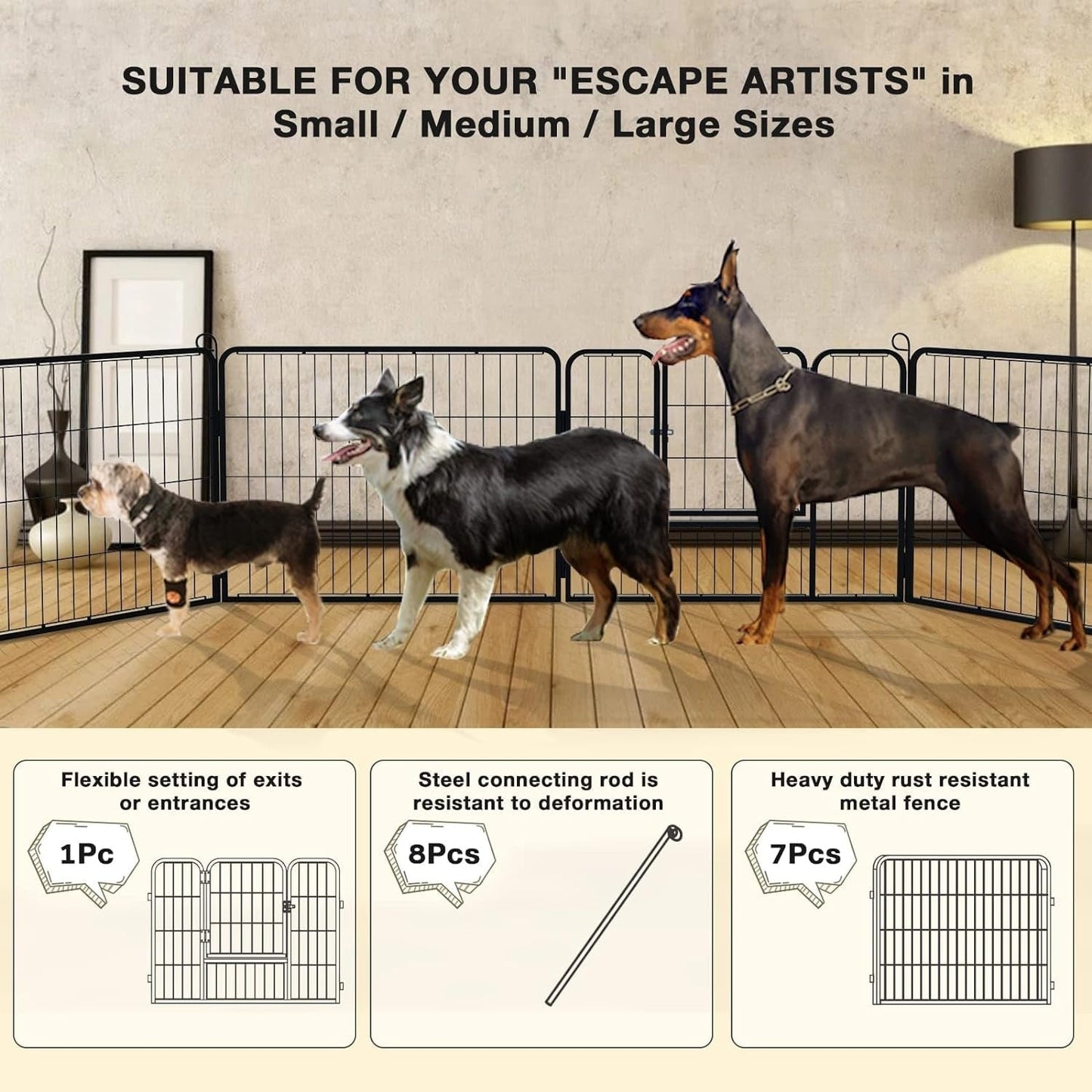 Bossin Dog Playpen Dog Kennel Pen Cage Dog Fence Exercise Pen with Doors 8/16/24 Panel