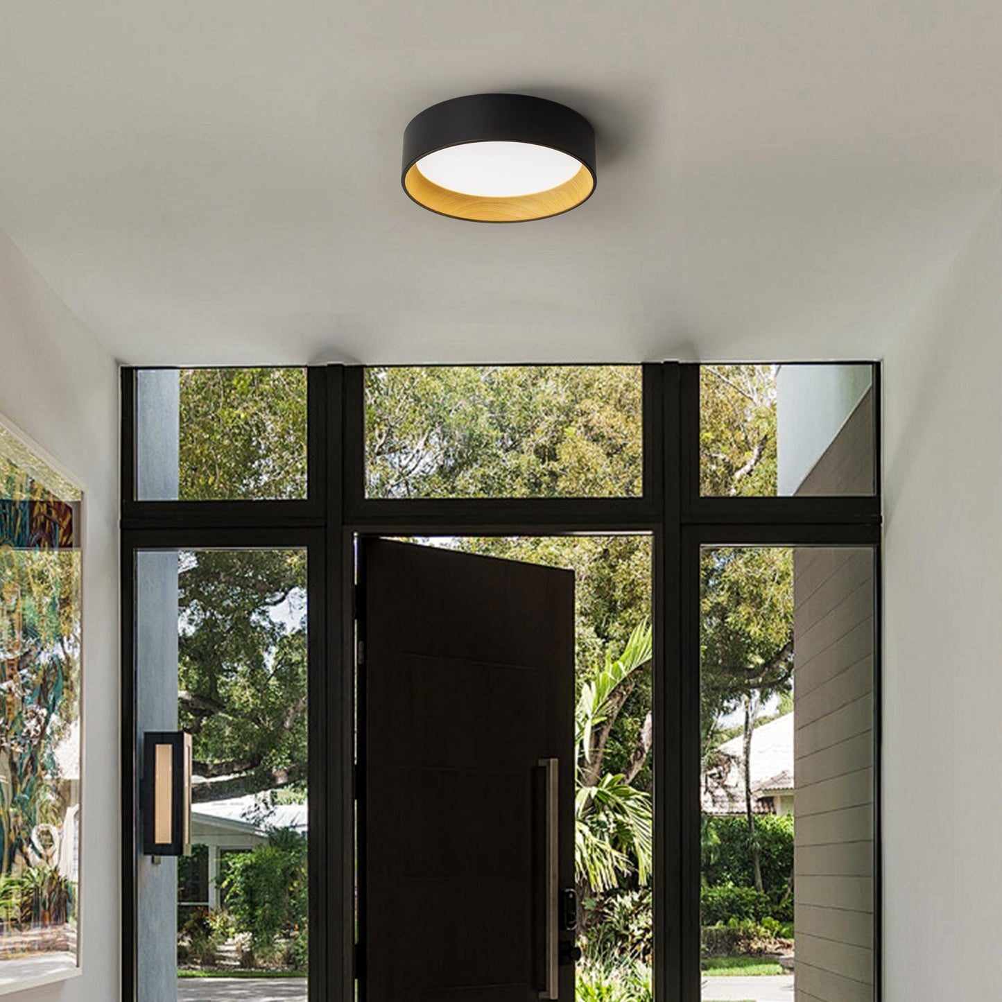 C Cattleya Black and Woodgrain 3CCT Integrated LED Flush Mount Ceiling Light