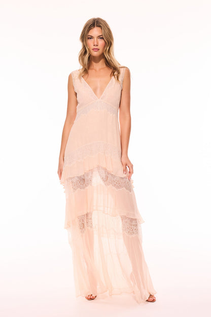Robe longue en soie et dentelle Callista