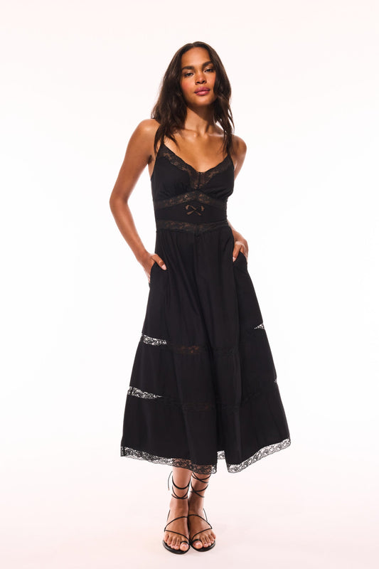 Robe mi-longue en coton avec nœud en dentelle Catryn
