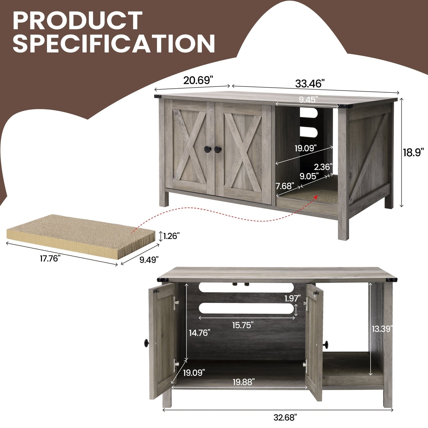 Enceinte de litière pour chat, meuble de toilette en bois caché avec griffoir