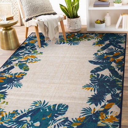 Contemporary Floral Border Indoor/Outdoor Area Rug