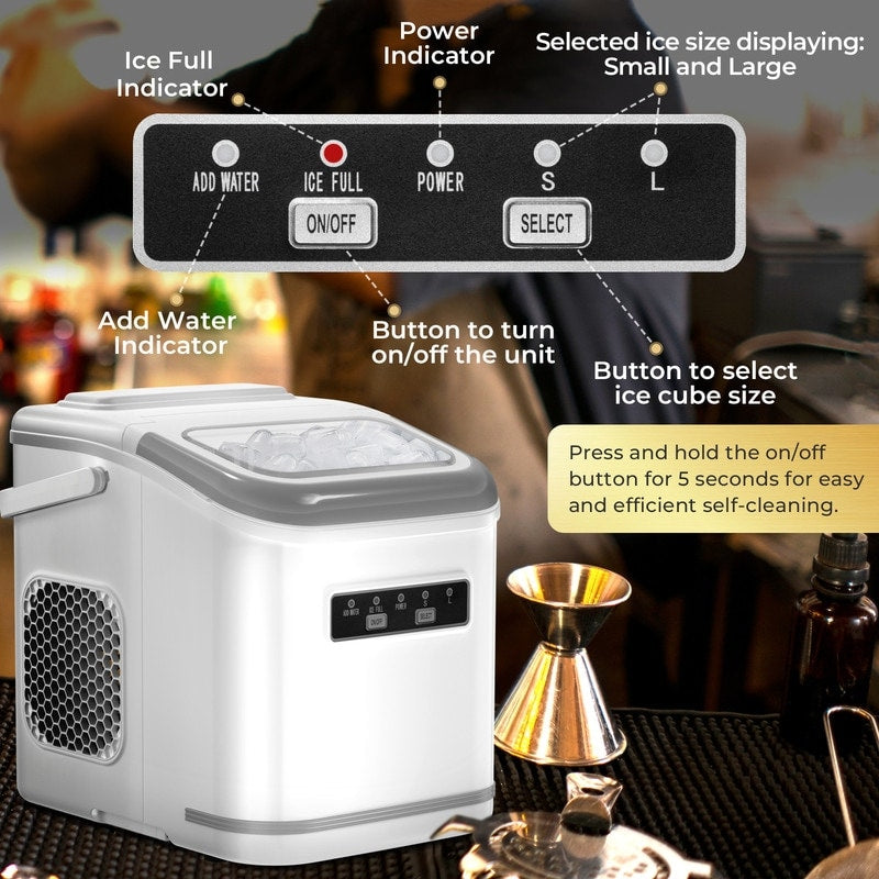 Countertop Ice Maker with Ice Scoop and Basket, 9 Cubes in 6 Mins, 26.5lbs/24h, 2 Sizes of Bullet Ice, Self-Cleaning