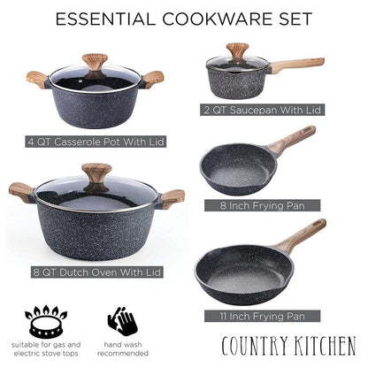 Country Kitchen Non-Stick Cast Aluminum Cookware Set - Durable Kitchen Cookware for Everyday Cooking, 6-11 Pc