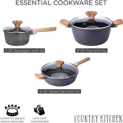 Country Kitchen Non-Stick Cast Aluminum Cookware Set - Durable Kitchen Cookware for Everyday Cooking, 6-11 Pc