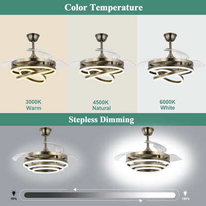 Ventilateur de plafond rétractable Cusp Barn 42 avec lumières et télécommande DIY Forme Fandelier Moderne Silencieux Moteur CC Plafonnier LED