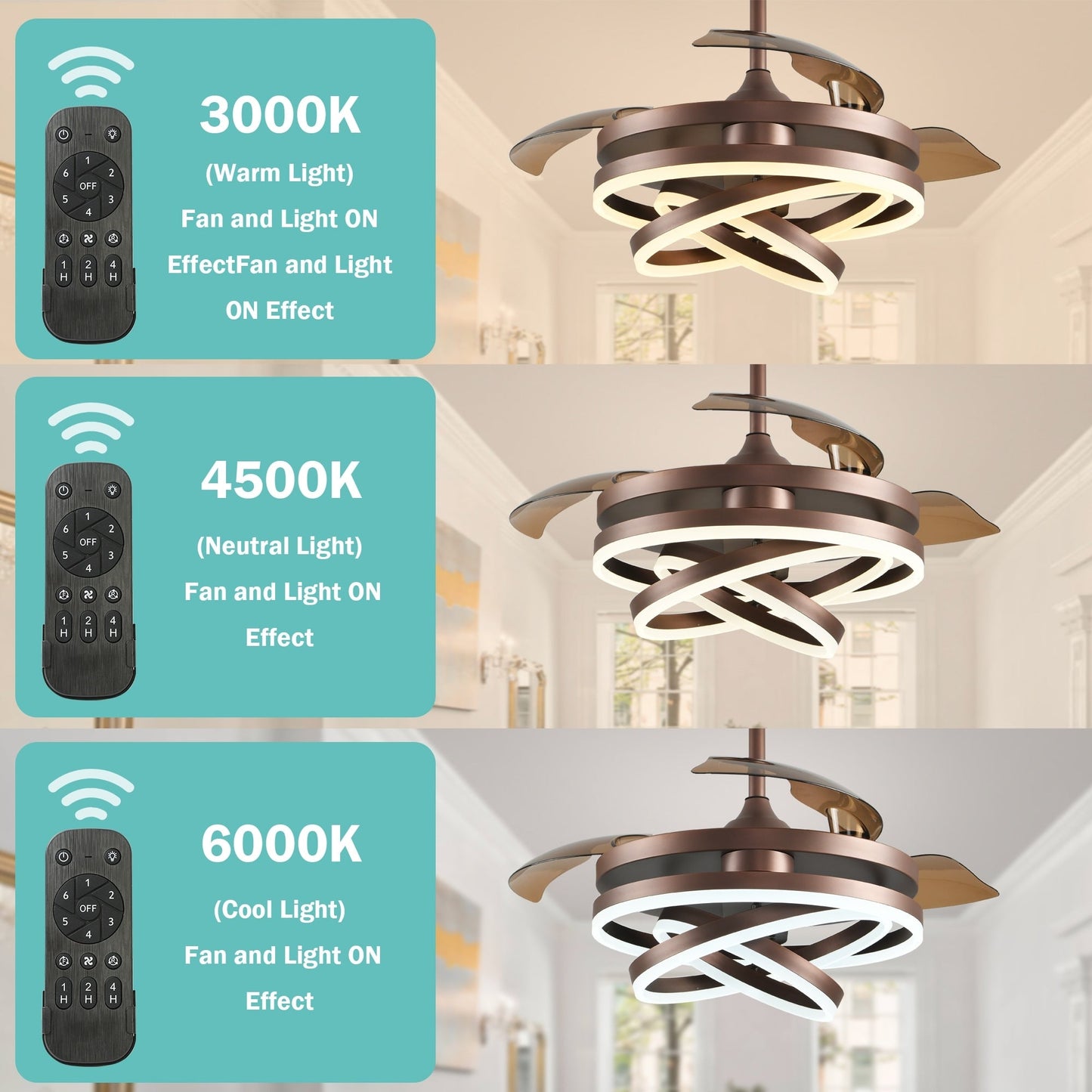 Ventilateur de plafond rétractable Cusp Barn 42 avec lumières et télécommande DIY Forme Fandelier Moderne Silencieux Moteur CC Plafonnier LED