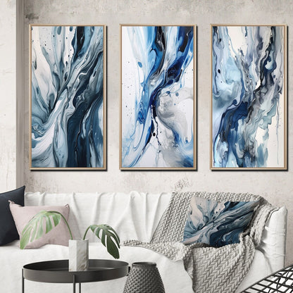 Designart Blue And Grey Ethereal Elixir III Abstract Framed Wall Art Set Of 3 Frame Canvas Set For Living Room Decor