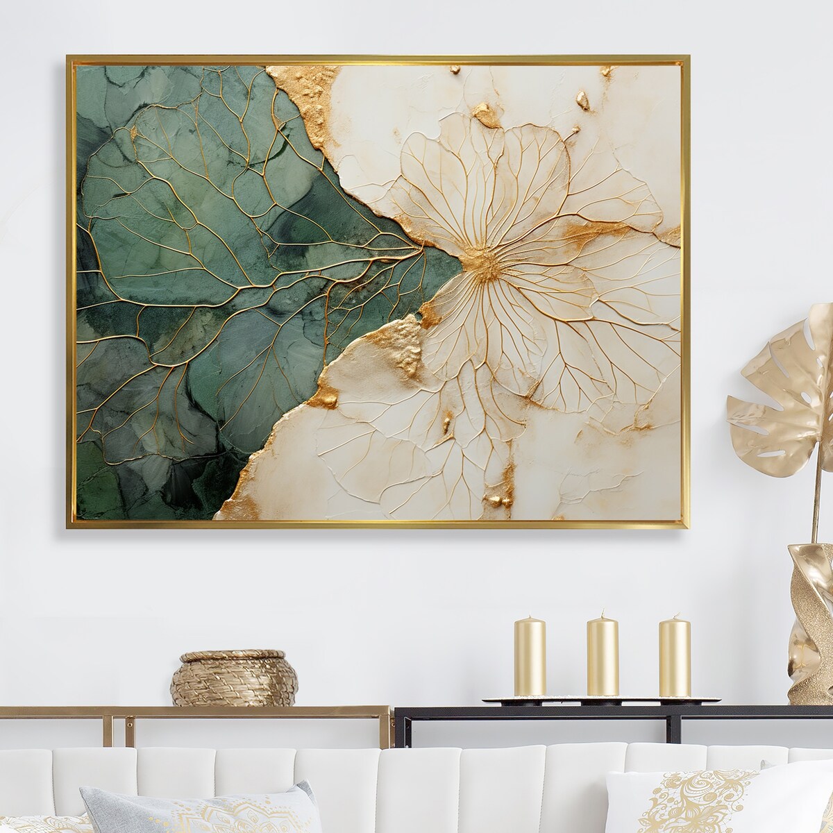 Designart Green Gold Minimalism Poteries I Abstract Spirals Framed Wall Art Living Room