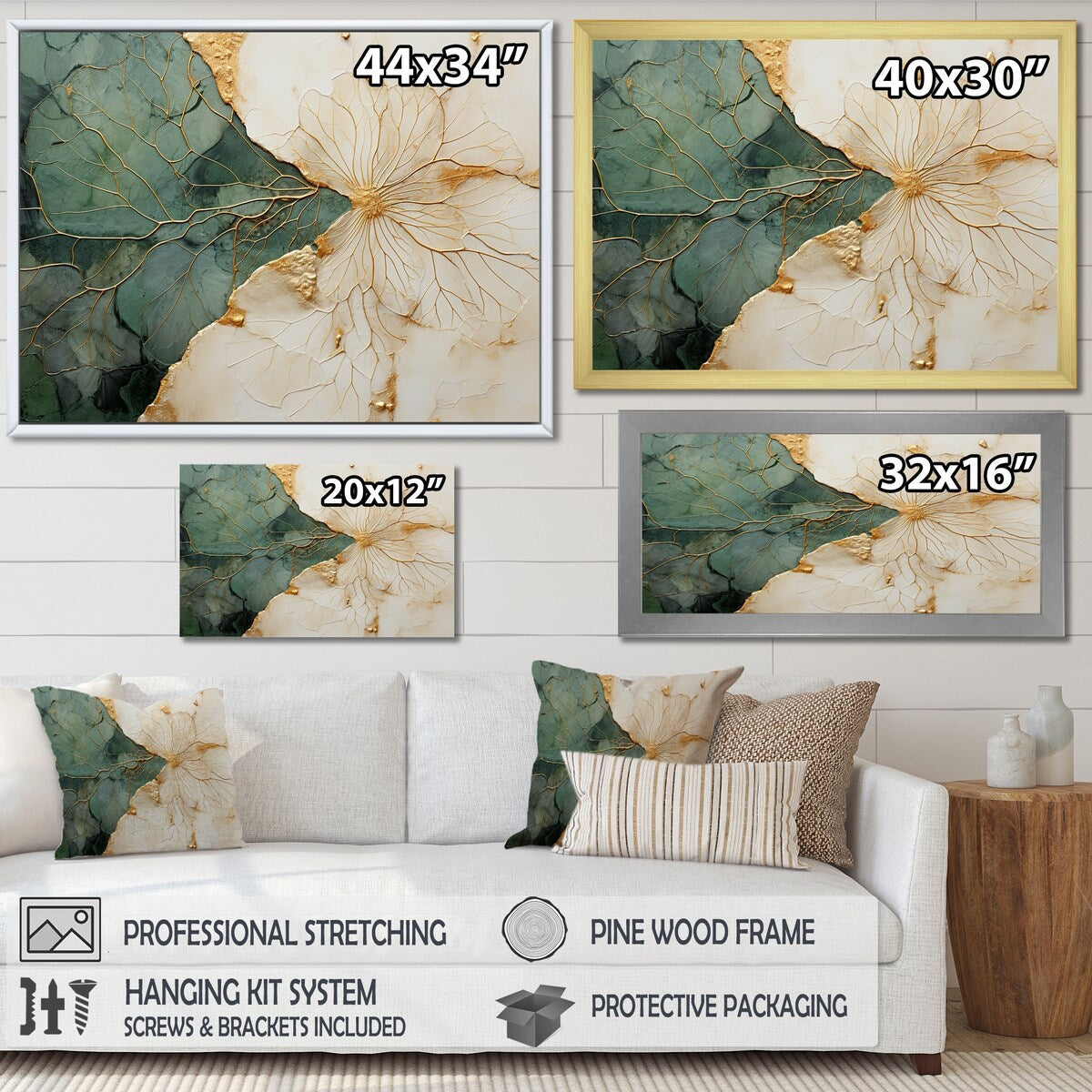 Designart Green Gold Minimalism Poteries I Abstract Spirals Framed Wall Art Living Room
