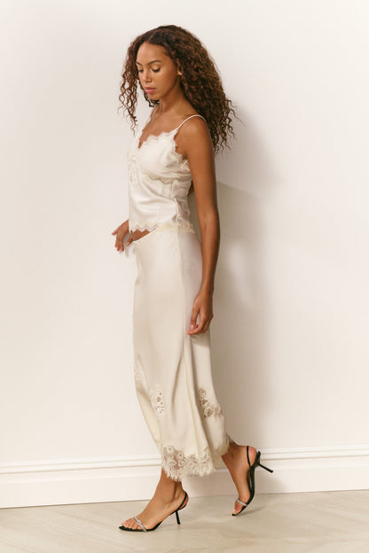 Jupe midi en satin et dentelle Vivia