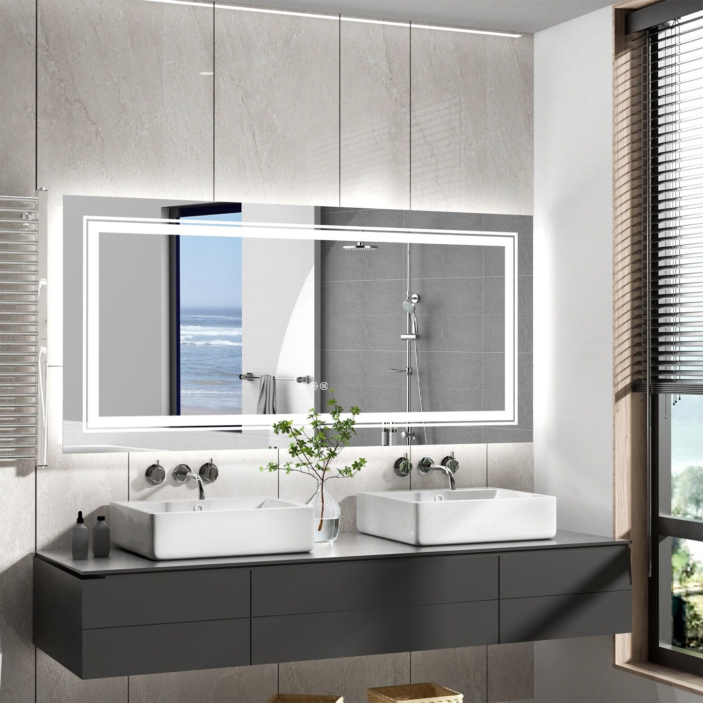 Miroir de salle de bain extra large avec éclairage LED, antibuée, 3 couleurs