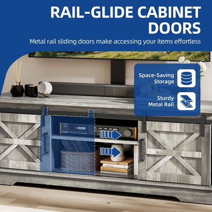 Meuble TV Farmhouse pouvant accueillir jusqu'à 65 téléviseurs avec portes et étagères ouvertes Console multimédia Prise de courant