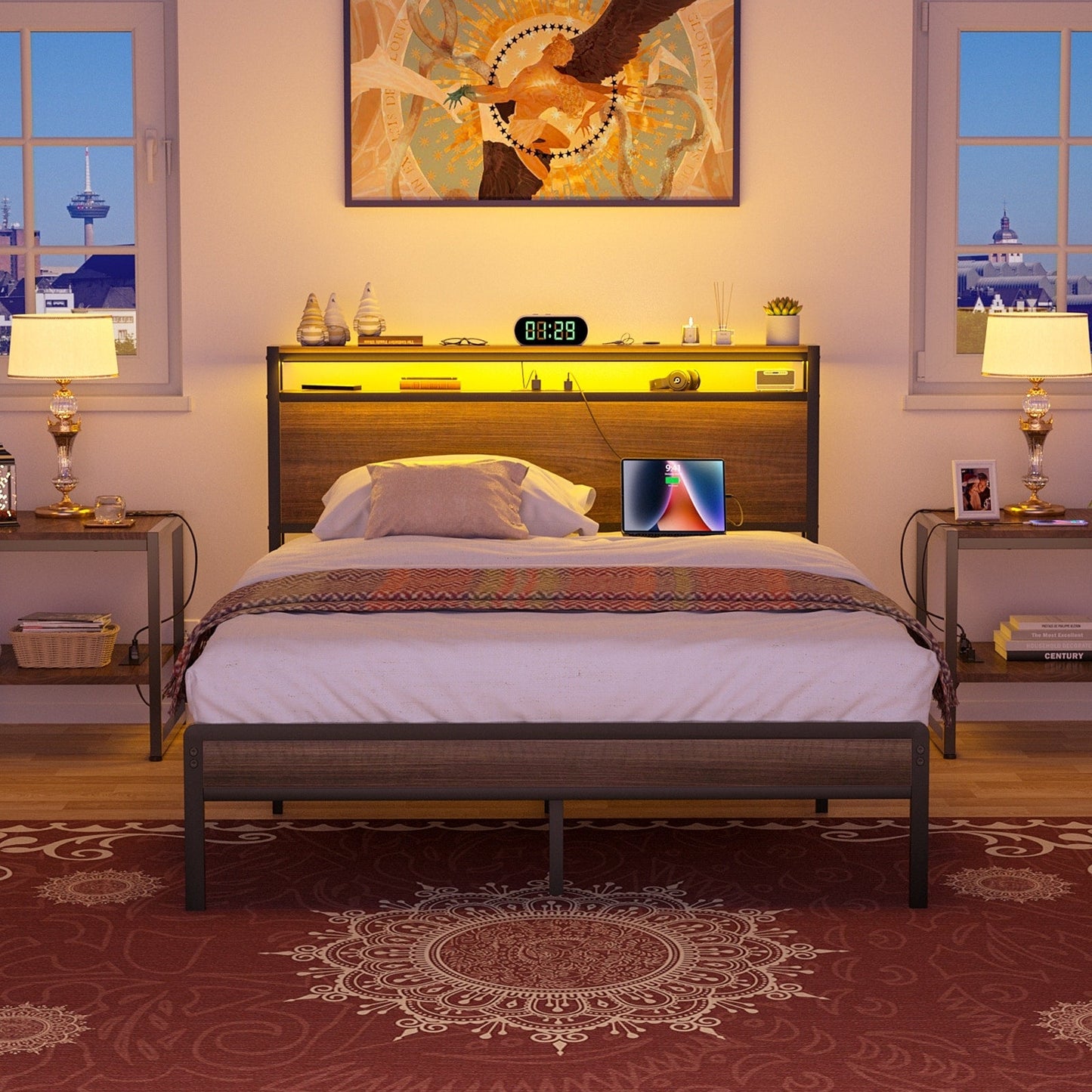 Cadre de lit plateforme en bois de style ferme avec station de charge et lumières LED