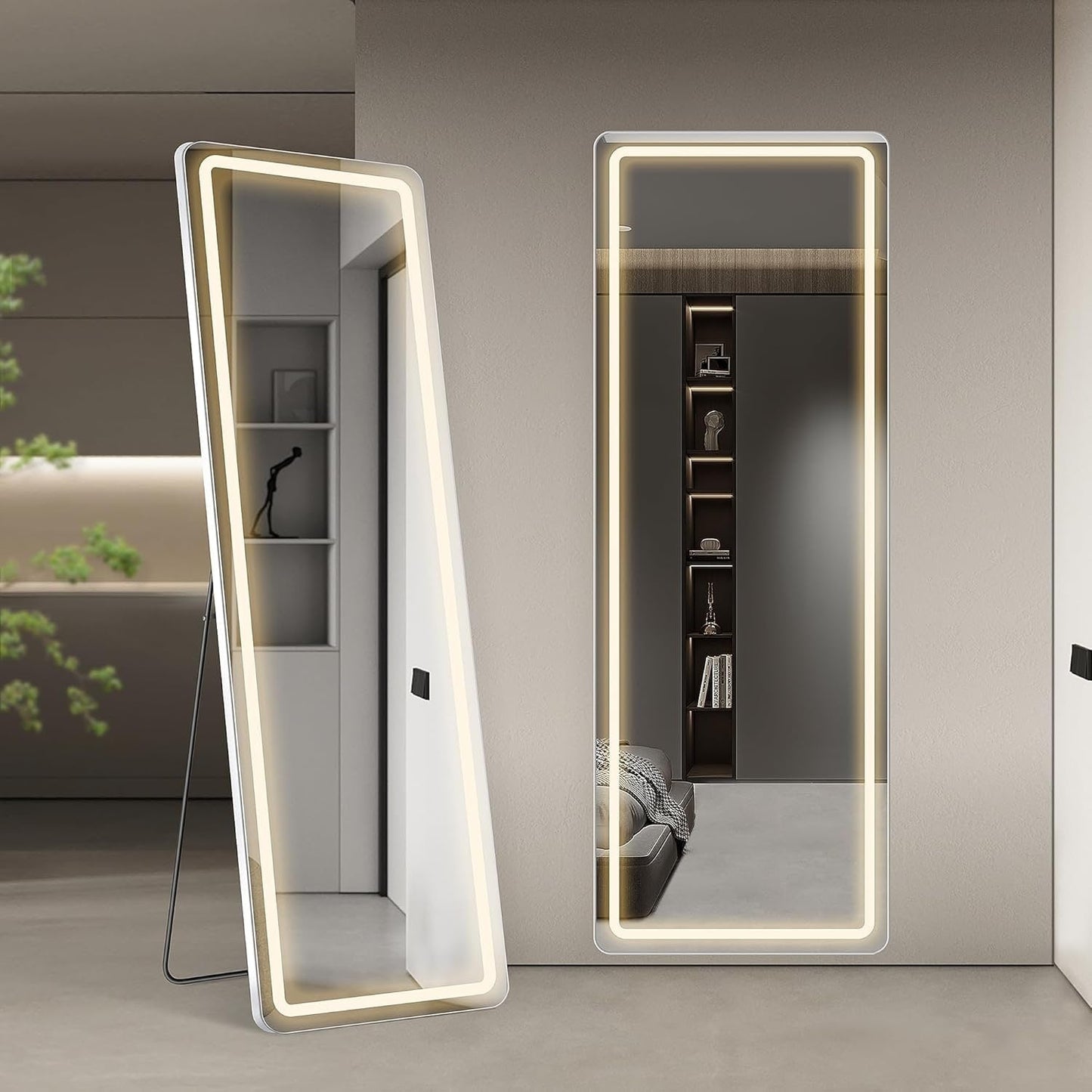 Miroir de sol avec éclairage LED, miroir pleine longueur 64 x 21 avec support, miroir suspendu, miroir mural, miroir intégral