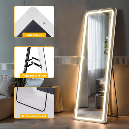 Miroir de sol avec éclairage LED, miroir pleine longueur 64 x 21 avec support, miroir suspendu, miroir mural, miroir intégral
