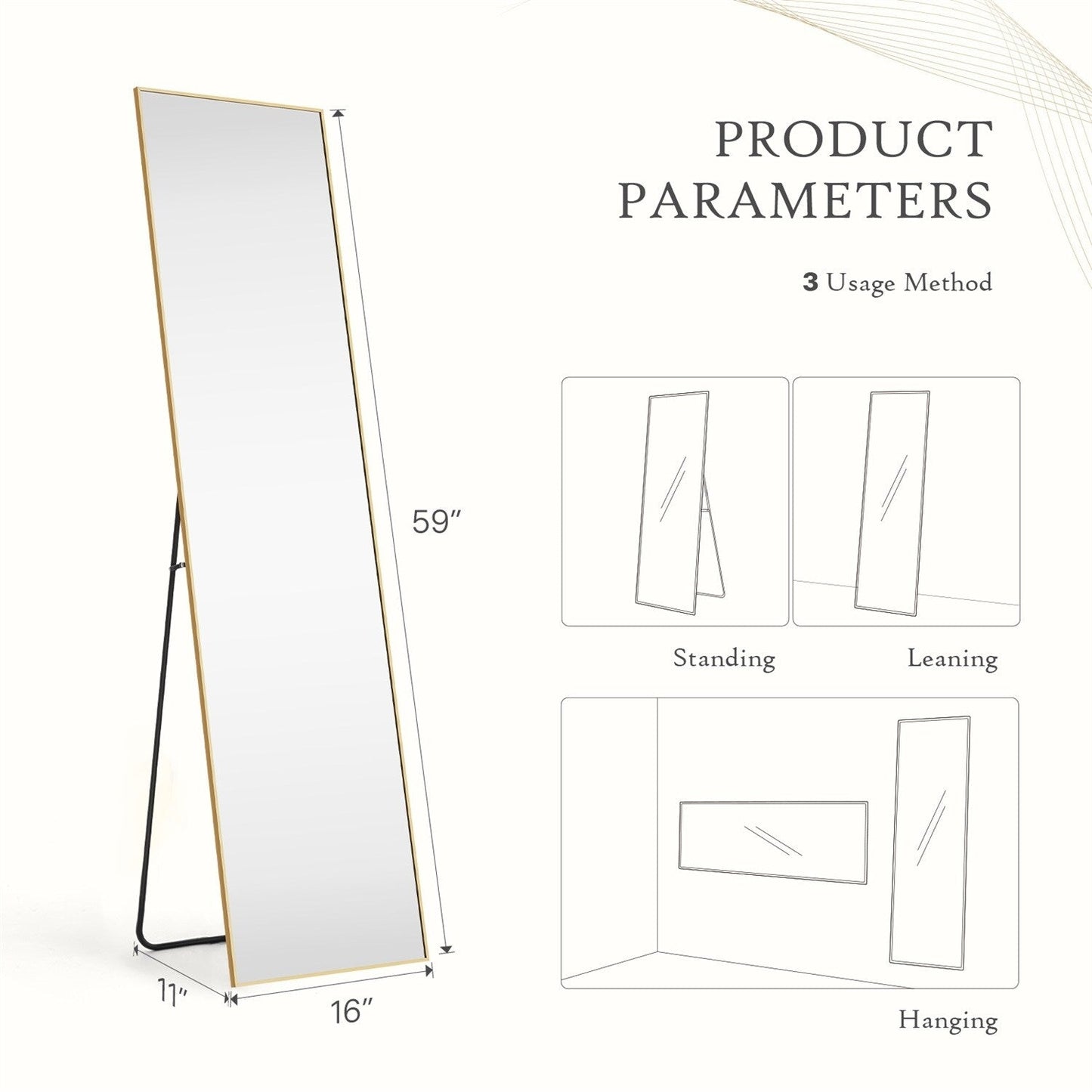 Full Length Mirror with Stand, Floor Mirror with Aluminum Alloy Frame for Bedroom, Standing Full Body Mirror for Wall, Cloakroom