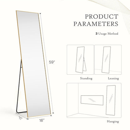 Full Length Mirror with Stand, Floor Mirror with Aluminum Alloy Frame for Bedroom, Standing Full Body Mirror for Wall, Cloakroom