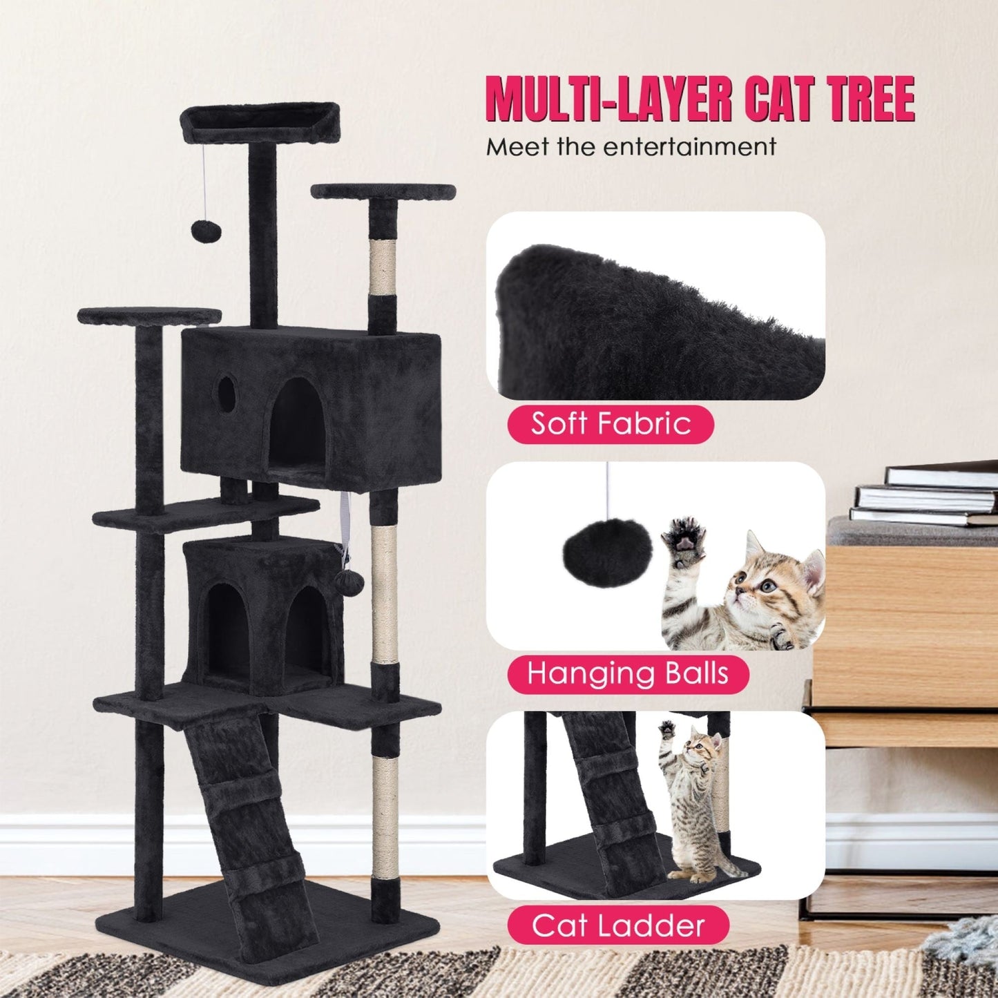 Furniture of America Cat Tree Multi-Level Cat Tower with Ladder, Platforms and Condos