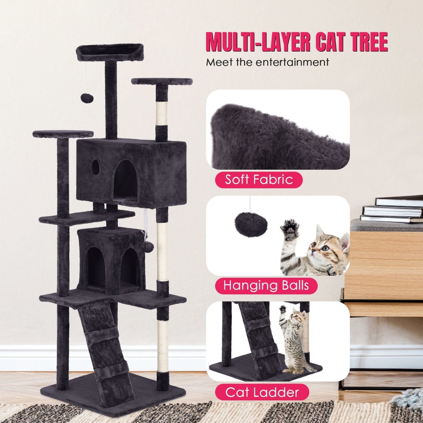 Furniture of America Cat Tree Multi-Level Cat Tower with Ladder, Platforms and Condos