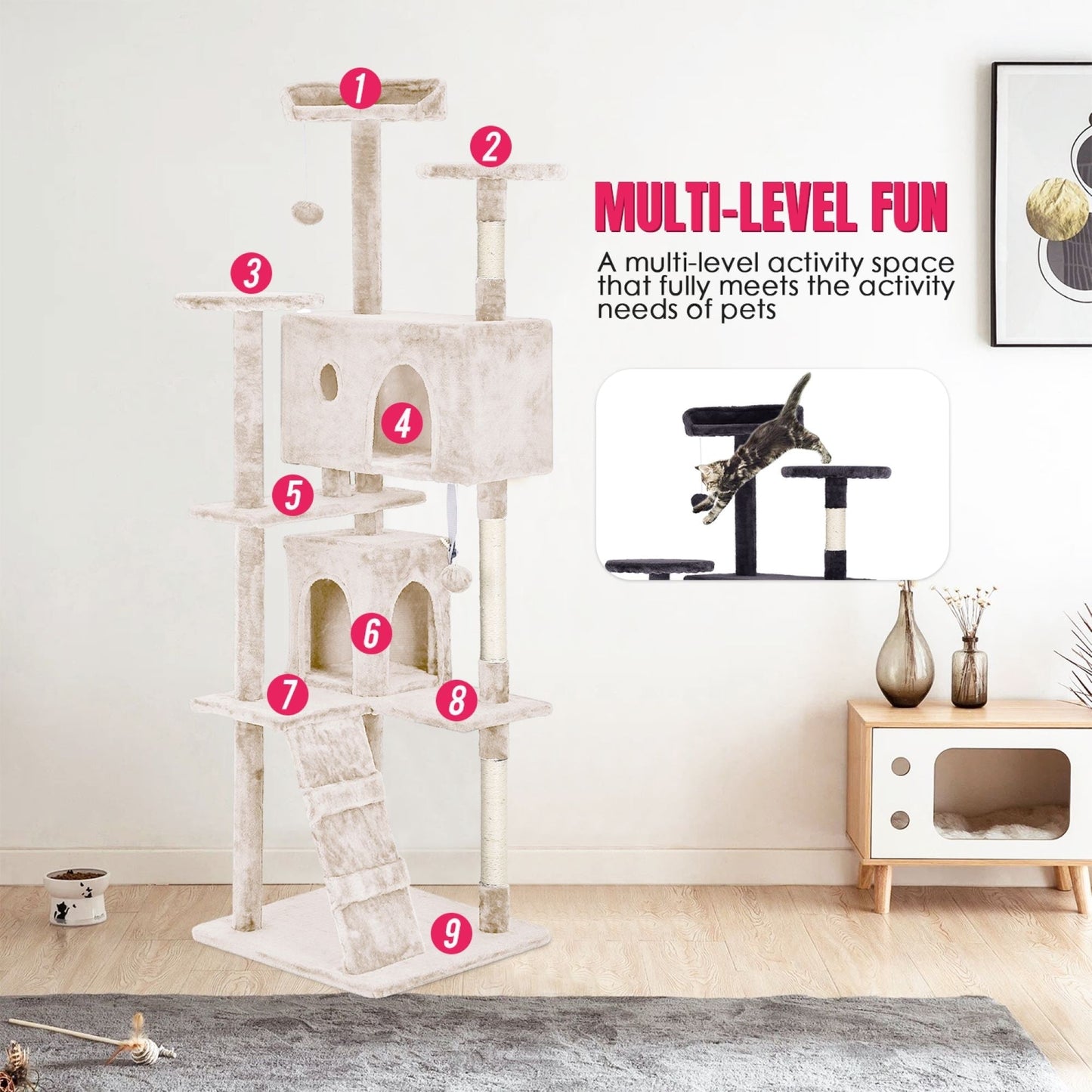 Furniture of America Cat Tree Multi-Level Cat Tower with Ladder, Platforms and Condos