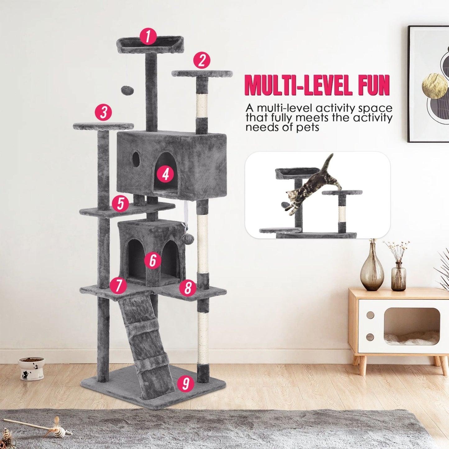 Furniture of America Cat Tree Multi-Level Cat Tower with Ladder, Platforms and Condos