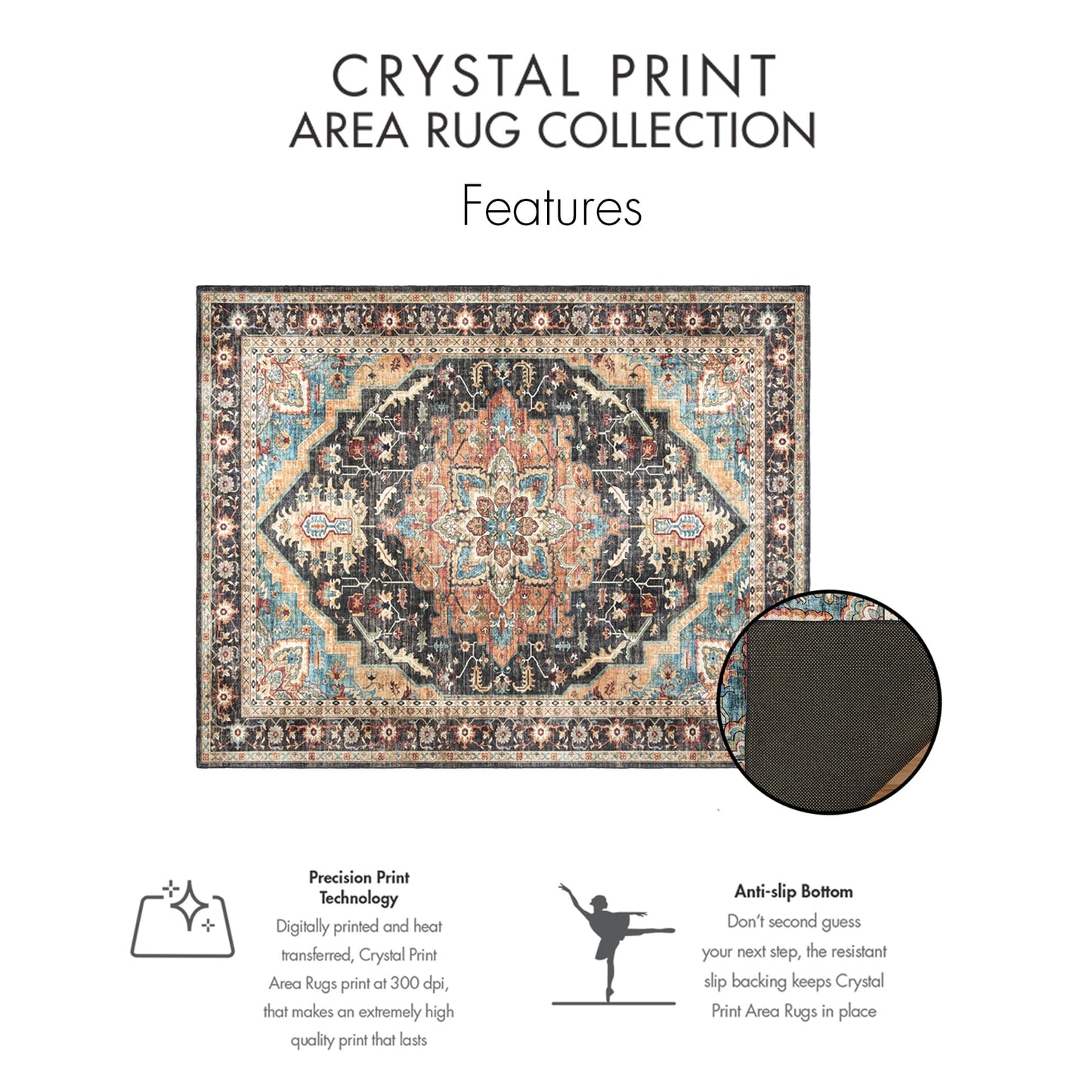Gertmenian Crystal Print Washable Digital Printed Flat Pile Polyester Slip Resistant Area Rug Collection