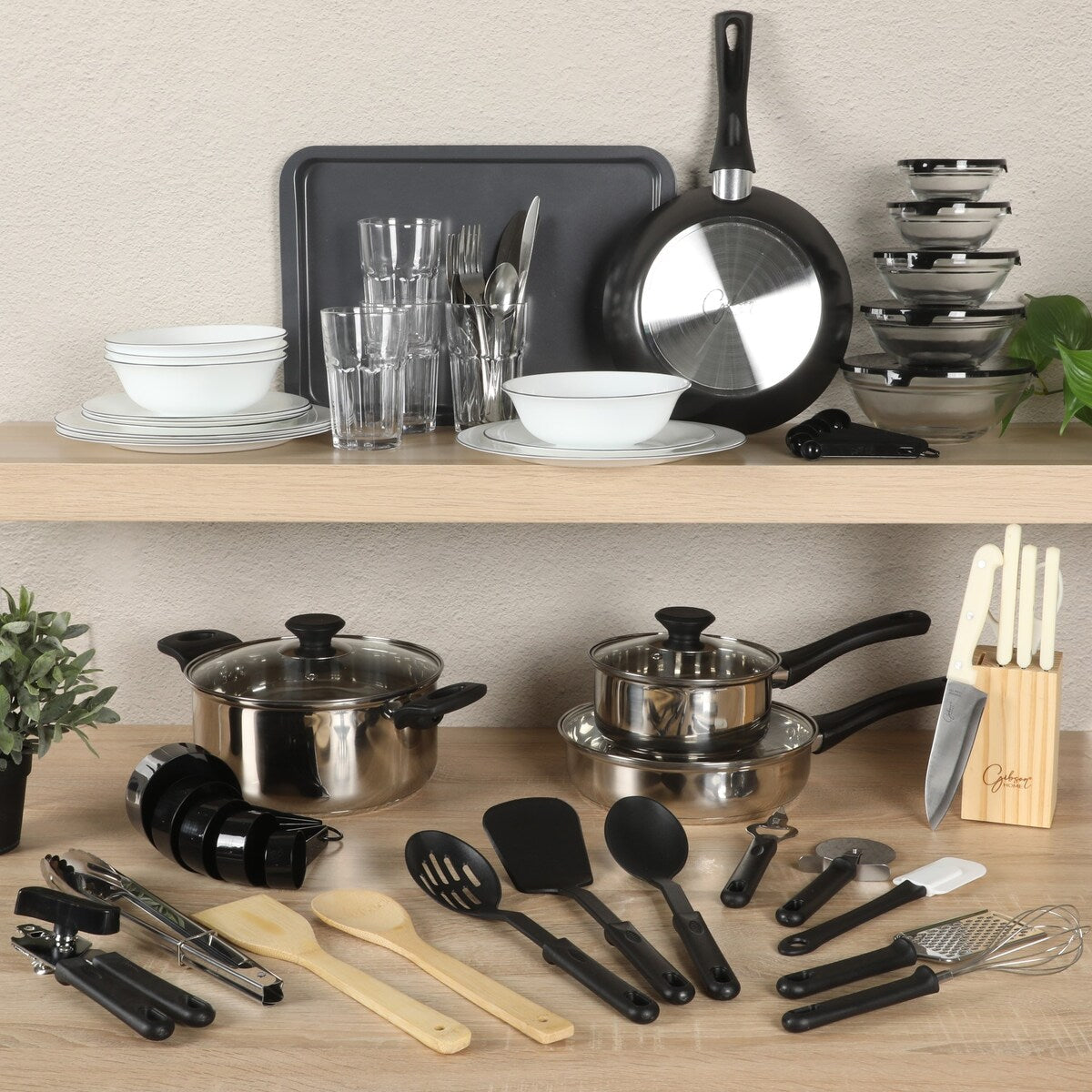 Ensemble de cuisine Gibson Home 74 pièces : ustensiles de cuisine, vaisselle, couverts, ustensiles, rangement et verrerie