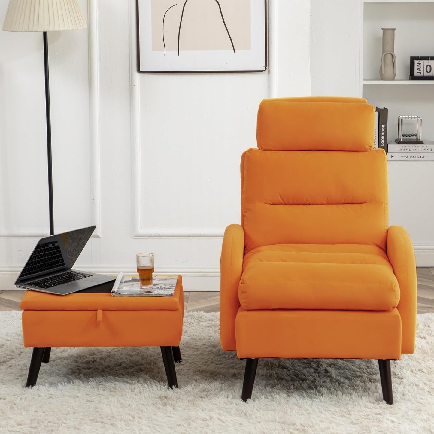 Fauteuil d'appoint HOMYKA avec dossier réglable et pouf de rangement