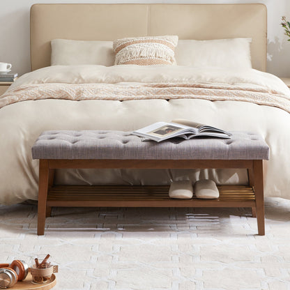 Banc à chaussures d'entrée, banc de rangement en tissu et bois massif, banc rembourré de 43 pouces pour salon et chambres