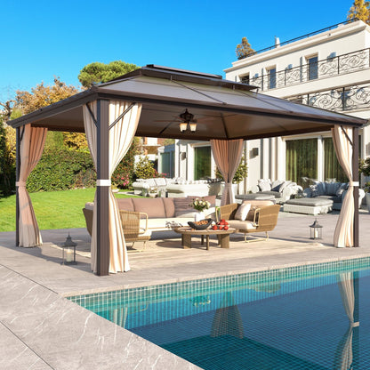 Tonnelle à toit rigide pour jardin – Pergola permanente avec filet, rideaux et double toit, abri extérieur toutes saisons