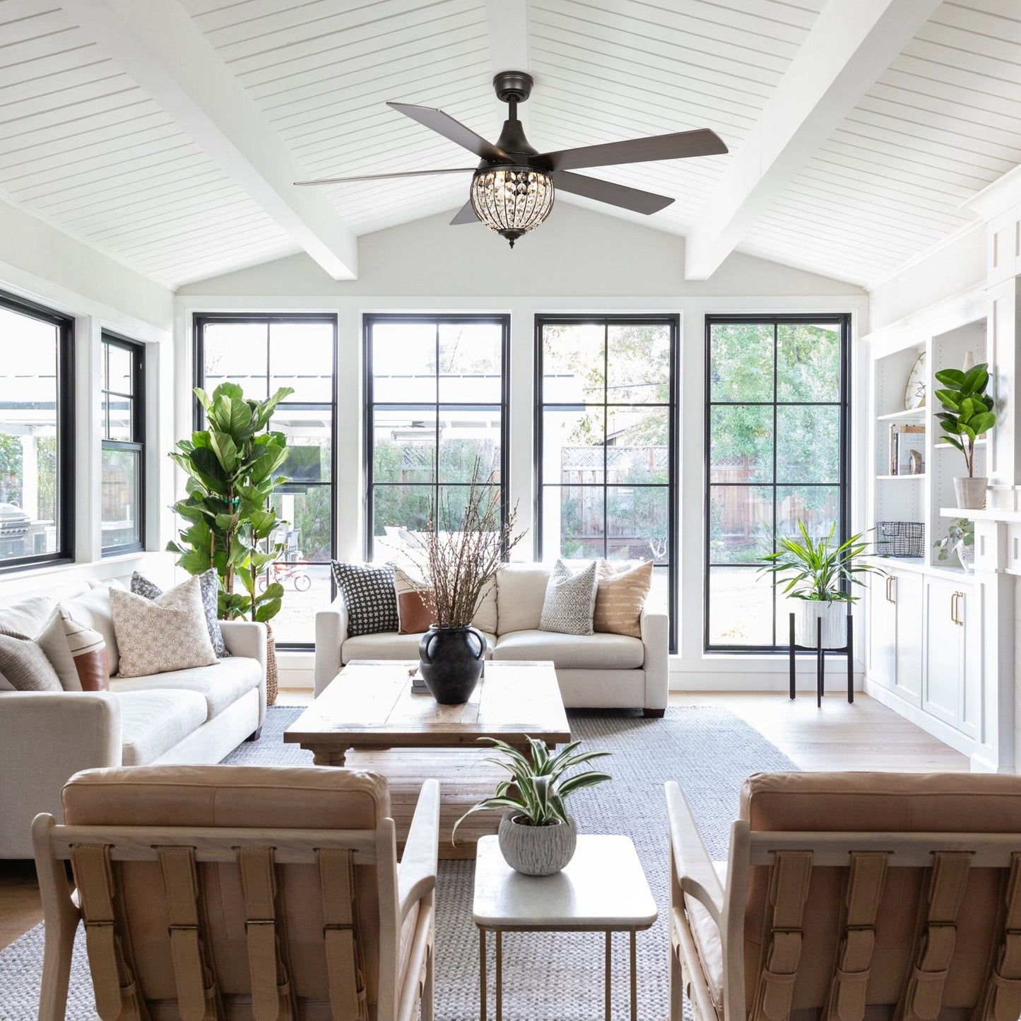 Ventilateur de plafond industriel en bois noir à 5 pales en cristal avec télécommande