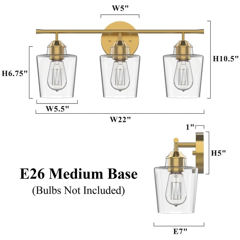 KAWOTI 3-Light Dimmable Bathroom Vanity Light with Glass Shade - L22 x W7 x H10.5