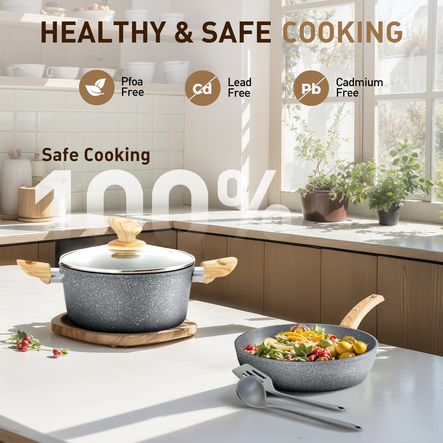 Batterie de cuisine antiadhésive, ensemble de 12 casseroles et poêles en granit