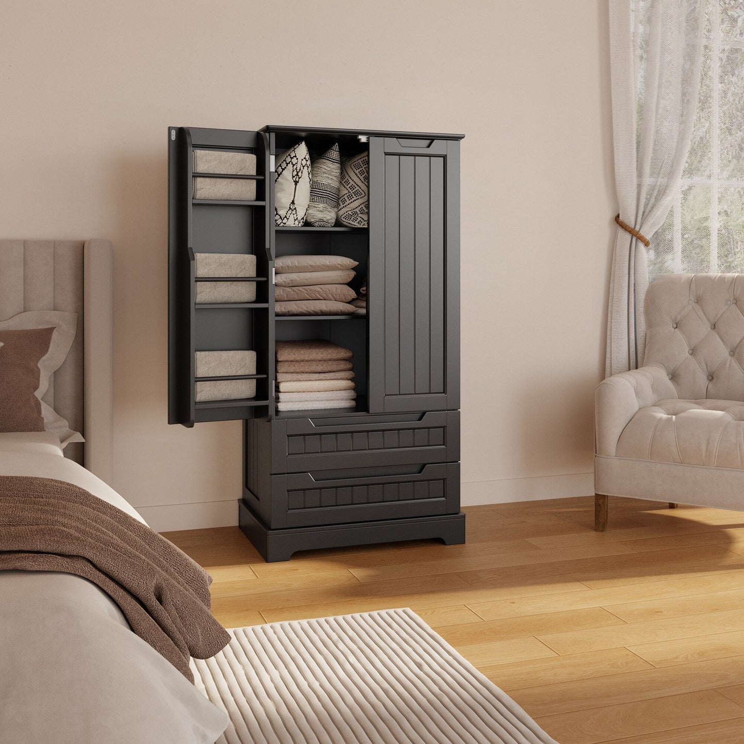 Armoire de rangement pour cuisine, garde-manger, armoire de rangement de salle de bain indépendante avec 2 portes et tiroirs