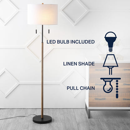 Lampe de sol à LED Koda 61, style rustique, style ferme, avec chandelier en fer et chaînes de traction, finition bois marron/noir, par JONATHAN Y