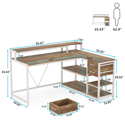 Bureau en L avec tiroir, bureau d'angle avec étagères de rangement et support d'écran, bureau PC rustique pour petits espaces