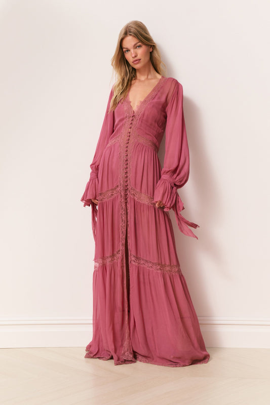 Robe longue en mousseline de soie et dentelle Lyvienne
